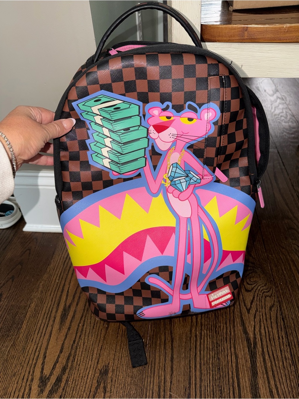 Sprayground Pink Panther Graphic Brown Check Mini Backpack
